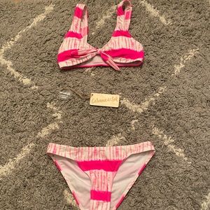 Cabana del Sol pink and white tie- dye, tie-front bikini, size small